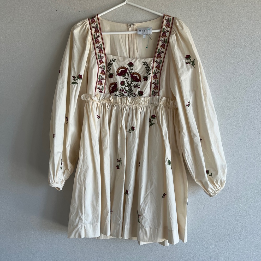Embroidered Long Sleeve Dress - Cream